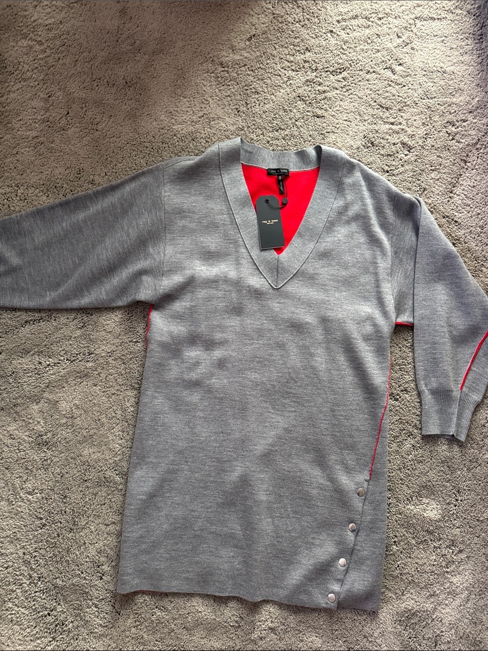 rag & bone Women's Gray V-Neck Sweater Dress with Red Accents Sz M - NWT